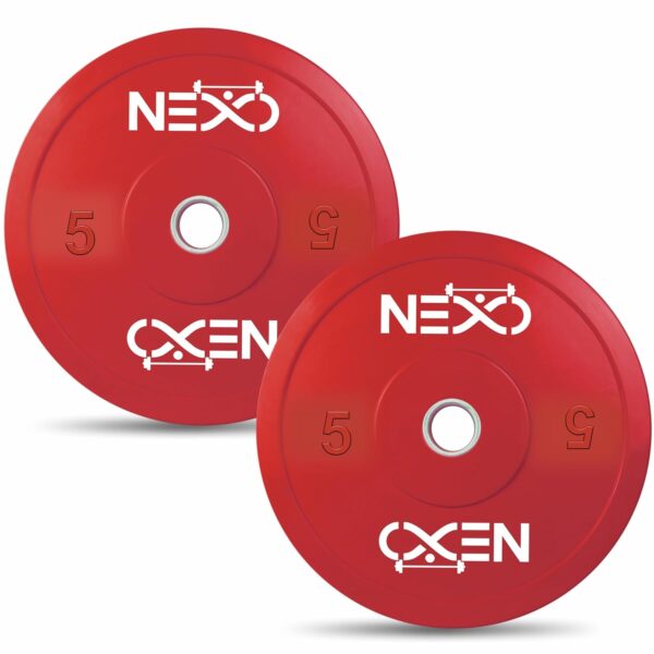 NEXO Colored Olympic Professional Bumper Exercise Rubber Plates | Gym Weight Dumbbell Plates | Home gym equipment for Men & Women | 28mm Olympic Barbell | 10kg set of 2 Plates (5kg x 2) | Color - Red