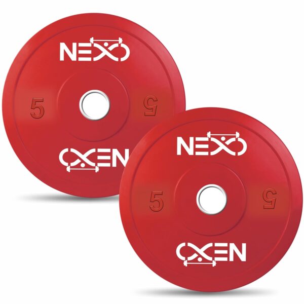 NEXO Colored Olympic Professional Bumper Exercise Rubber Plates | Gym Weight Dumbbell Plates | Home gym equipment for Men & Women | 50mm Olympic Barbell | 10kg set of 2 Plates (5kg x 2) | Color - Red