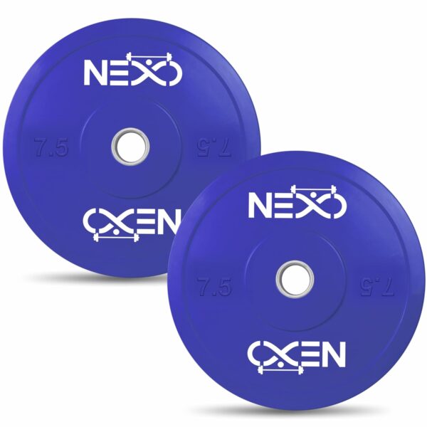NEXO Colored Olympic Professional Bumper Exercise Rubber Plates | Gym Weight Dumbbell Plates | Home gym equipment for Men & Women | 28mm Olympic Barbell | 15kg set of 2 Plates (7.5kg x 2) | Color-Blue