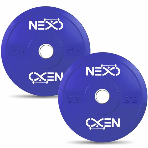 NEXO Colored Olympic Professional Bumper Exercise Rubber Plates | Gym Weight Dumbbell Plates | Home gym equipment for Men & Women | 50mm Olympic Barbell | 15kg set of 2 Plates (7.5kg x 2) | Color-Blue